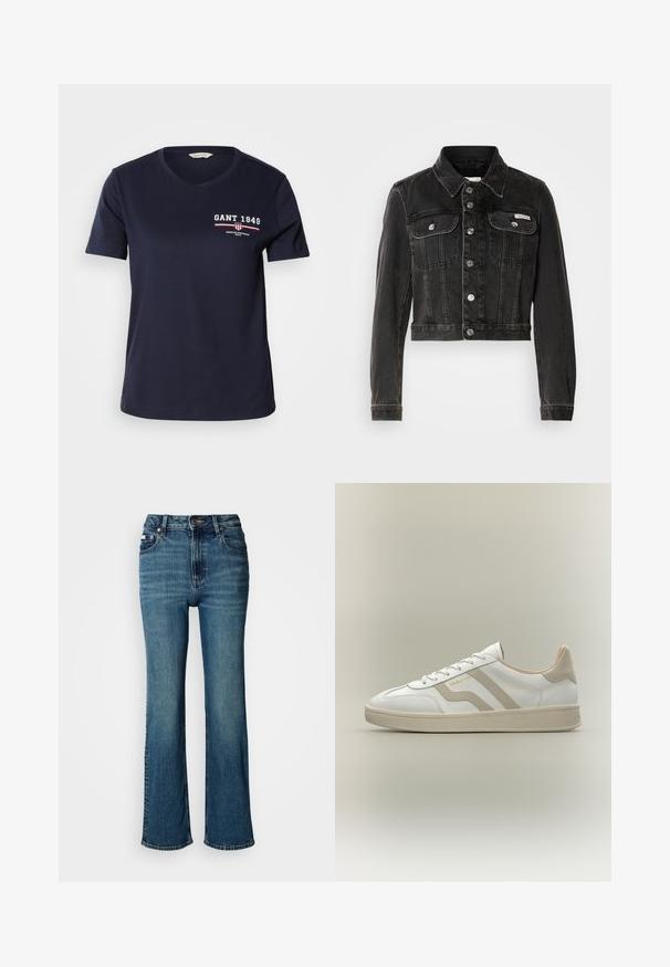Zwarte cropped denimjacket met knoopsluiting, twee borstzakken en puntige kraag. Heeft rigide zilverkleurige accenten en een vervaagde textuur.; Donkerblauwe katoenen T-shirt met V-hals, korte mouwen, met witte en rode logotekst "GANT 1949" en designelementen op de linkerkant van de borst.; Hogwaardige blauwe jeans van denim, met een rechtzittend ontwerp, subtiele vervaging en een standaard knoop- en ritssluiting.; Witte lage sneaker met beige accenten, veters en een gestructureerde zool, voorzien van merknaam "GANT" aan de zijkant.