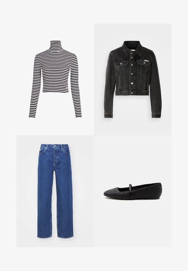 Zwarte cropped denimjacket met knoopsluiting, twee borstzakken en puntige kraag. Heeft rigide zilverkleurige accenten en een vervaagde textuur.; Zwart-wit gestreepte coltrui met lange mouwen en een cropped ontwerp, gemaakt van een geribbelde stof. Heeft een klein merkje aan de zoom.; Blauwe denim wijde benen jeans met een hoge taille, voorzien van een rits en knoopsluiting, riemlussen en subtiele vervagingdetails op de stof.; Zwarte platte schoen met afgeronde neus, geperst geometrisch patroon en een enkele dunne band over de bovenkant, zijaanzicht.