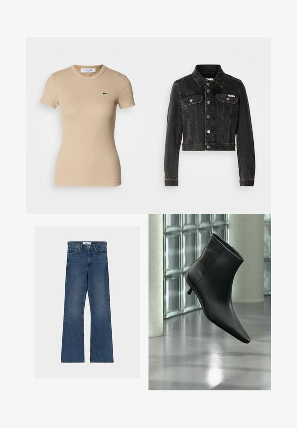 Mustmust värviline denim jakk nööbiga esiosal, kahe rinnataskuga ja terava kaelusega. Omab hõbedatooni riideid ja tuhmunud tekstuuri.; Beež ribaga puuvillane T-särk lühikeste varrukatega, ümmarguse kaelusega, figuuri kehastav ja väikese rohelise Lacoste logo ning vasakul rinnal.; Sinised teksapüksid, mis laienevad säärest, keskmise kõrgusega vöökohaga. Omavad esiküljel ja tagaküljel taskuid, metallist riistvara ning tekstuurse, vastupidava materjali.; Mustast nahast pahkluu saabas terava varbaotsaga ja madala Kitsuki kontsaga, kuvatud nurga alt läikiva põranda ja klaasplokkseinaga taustal.