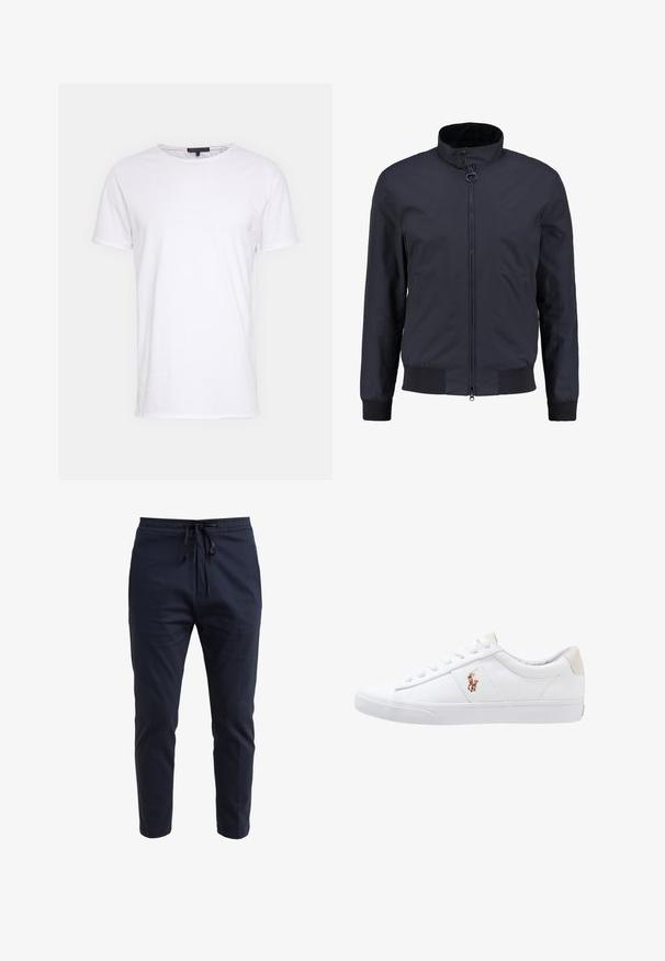 Veste de bombardier marine en tissu léger ; dotée d'un col montant, d'une fermeture à glissière et de poignets côtelés pour une coupe ajustée.; T-shirt en coton blanc avec un col rond, des manches courtes et une coupe droite. Présente une texture simple et lisse, sans motifs supplémentaires.; Pantalons de jogging bleu marine en tissu doux, dotés d'une taille élastique avec cordon de serrage, d'une coupe fuselée et de poches latérales.; Baskets en toile blanches avec un design basse, présentant un onglet de talon beige et un petit logo brodé sur le côté. Semelle en caoutchouc.