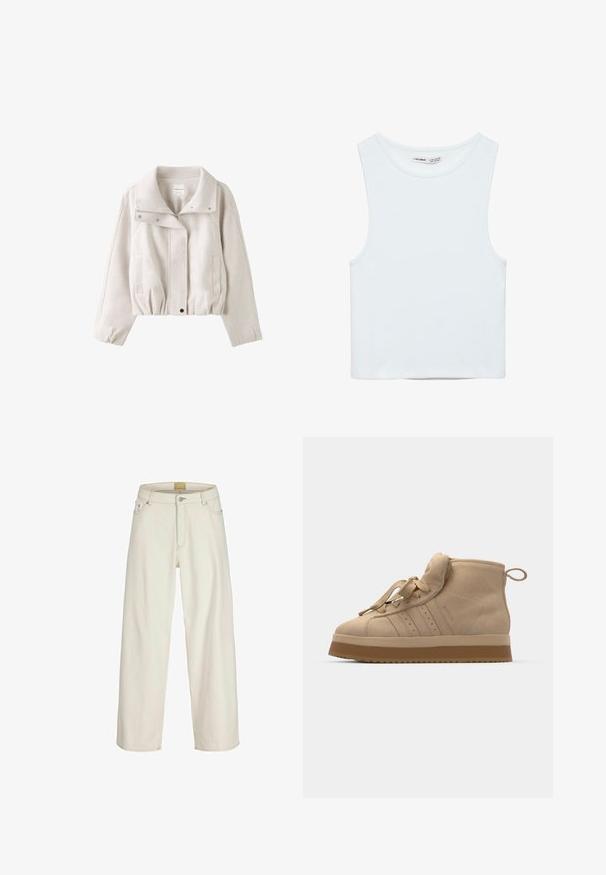 Hellbeige gekürzte Jacke mit weitem Kragen, Frontreißverschluss, Druckknöpfen, langen Ärmeln und zwei Seitentaschen.; Weißes ärmelloses Crop-Top mit rundem Ausschnitt, aus glattem Stoff, mit dem Label Pull&Bear, geeignet für den Alltag.; High-Waist, gerade geschnittene Jeans in Cremefarbe mit Frontknopf, Reißverschluss, Gürtelschlaufen sowie Seiten- und Gesäßtaschen.; Beige Wildleder-Hochtop-Sneaker mit einer dicken Gummisohle, ausgestattet mit einer umklappbaren Zunge, runder Spitze und dekorativen Schnürsenkeln.