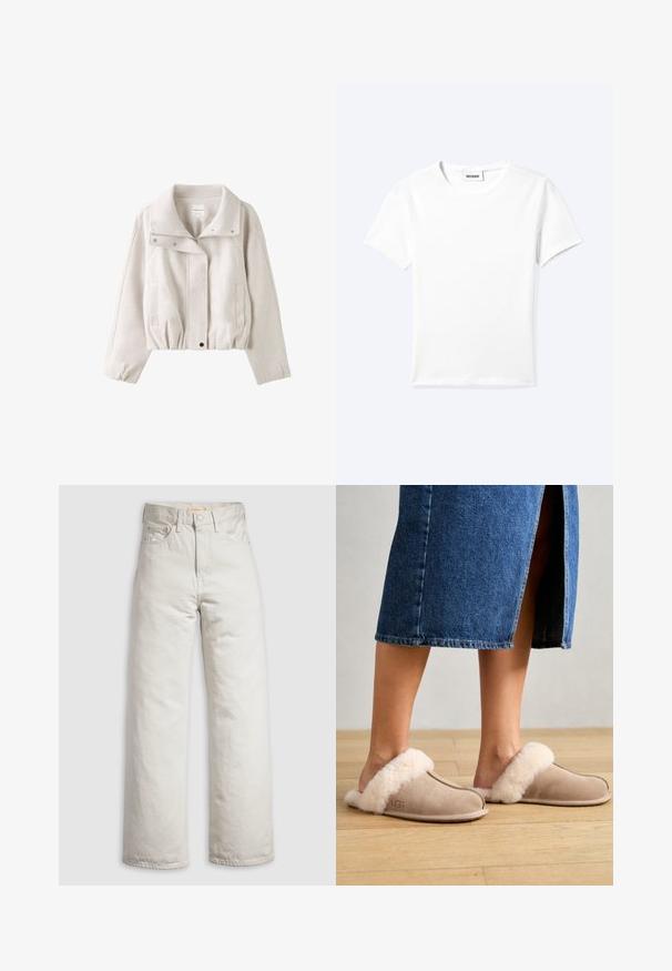 Veste courte beige clair avec un large col, une fermeture éclair devant, des boutons-pression, des manches longues et deux poches latérales.; T-shirt blanc uni à manches courtes et col rond avec une petite étiquette "WEEKDAY" à l'intérieur de l'encolure, présenté à plat sur un fond clair.; Jean droit taille haute de couleur blanc cassé avec bouton avant, fermeture éclair et design cinq poches sur fond blanc uni.; UGG SCUFFETTE II - Chaussons - sand
