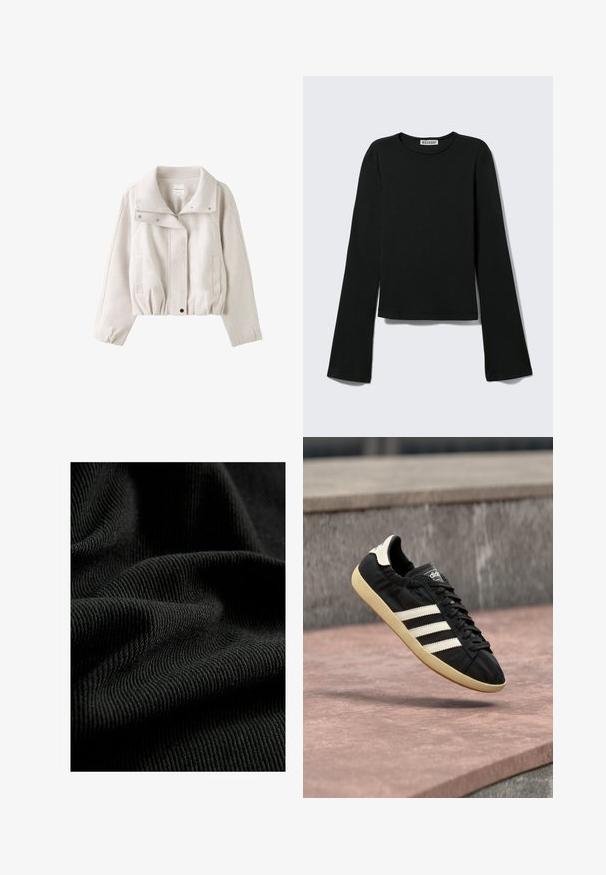 Lys beige kort jakke med bred krave, lynlås foran, trykknapper, lange ærmer og to sidelommer.; Sort langærmet rundhalset skjorte med en figursyet silhuet og let udvidede ærmer, mærket med "Weekday" brandetiketten ved halsudskæringen.; Sorte ribbet stof med en struktureret overflade, der fremhæver subtile folder og kurver. Materialet ser let og fleksibelt ud.; Sort Adidas sneaker med hvide striber og beige sål, fanget i luften over en stenet overflade og baggrund af en stenmur.