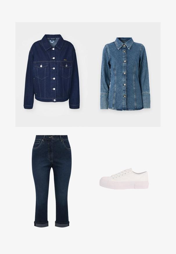 Mørkeblå denimjakke med klassisk design. Har sølvknapper, to brystlommer og guld logo broderi på venstre side.; Denimskjorte i mellemblå, med klassisk krave, lange ærmer, knaplukning og kontrasterende syninger langs sømmene.; Mørkeblå denim korte jeans med forlommer, knaplukning og optrukne kanter.; Hvid lav sneaker med snørelukning foran og tyk gummisål, vist fra siden mod en hvid baggrund.