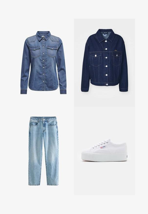 Tume sinine denimist jakk klassikalise disainiga. Omaduseks on hõbedased nupud, kaks rinnanupukotti ja kuldne logo tikand vasakul küljel.; Tumedates denim särk, millel on kaelus, pikad varrukad, kahekordsed rinnataskud ja kontrastsed õmblused.; Heledad sinised denimpüksid, millel on lõdvendatud lõige. Omab nelja taskut, klassikalist nööbikinnitust ja minimaalset kulumist ühtlase tekstuuri jaoks.; Valge kangast sneaker paksu valge platvormi tossul, ümmargune nina ja metallist augud nööride jaoks. Brändi logo on küljes.