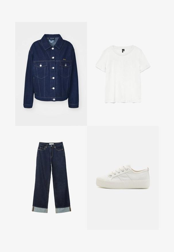 Mørkeblå denimjakke med klassisk design. Har sølvknapper, to brystlommer og guld logo broderi på venstre side.; Hvid kortærmet t-shirt med rund halsudskæring, lavet af letvægtsstof. Enkel design, glat tekstur og lige kant.; Mørkeblå vide jeans med højt talje, med opfoldede vamsser, kontrastsyning og fem-lommers design. Lavet af denim stof.; Hvide lærreds sneakers med en struktureret gummisål, rund tå og snørebåndsdesign, der har tre sidelinjer.