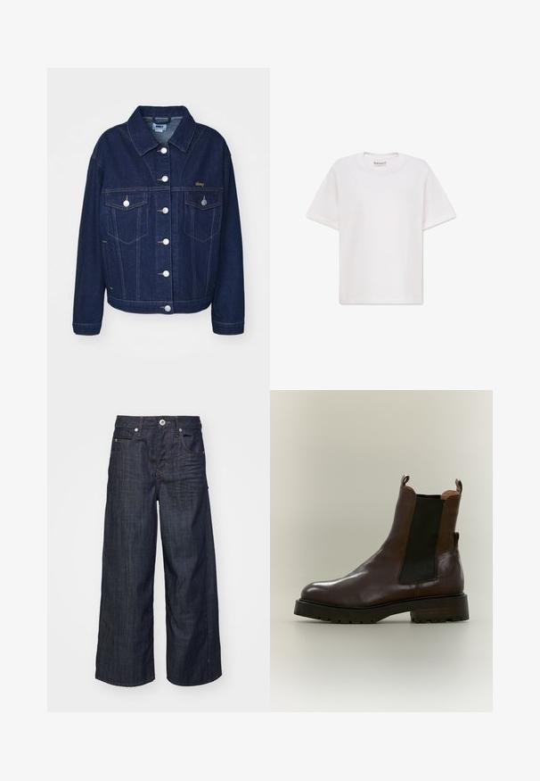 Mørkeblå denimjakke med klassisk design. Har sølvknapper, to brystlommer og guld logo broderi på venstre side.; Simpel hvid T-shirt med korte ærmer og rund halsudskæring med Timberland-logo trykt inde i kraven.; Mørkeblå vide jeans i denim med frontlukning med knap og lynlås, bæltestropper og fem lomme-design på en hvid baggrund.; Mørkebrun læder Chelsea-støvle med sorte elastiske sidelommer og tyk grovmasket sål på lys baggrund.