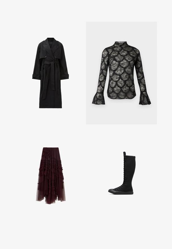 Lang sort trenchcoat med brede klaplag, dobbeltradede knapper, frontklap, manchetremme og et bundet taljebælte.; Sort blonde top med høj krave og flagrende lange ærmer, med et bølget mønster gennem hele stoffet.; Bordeaux tylskørt med rynkede lag, elastisk talje og varierende længder, der har en blød, let tekstur.; Sorte høje canvasstøvler med rund tå, lynlås og snørebånd foran. Har en tekstureret overflade og gummisål.