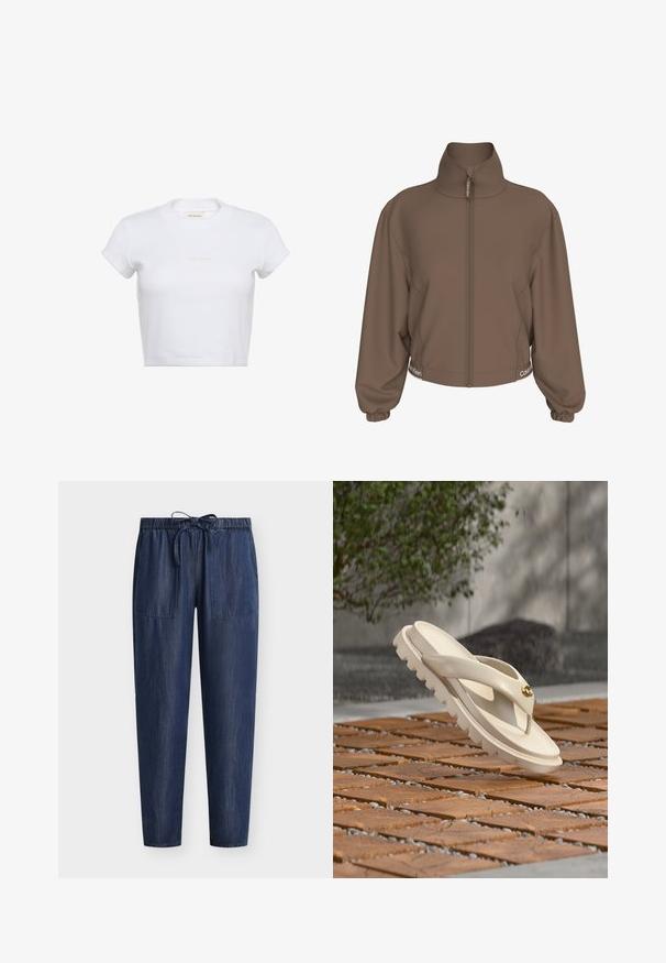 Brun lynlåstrøje med høj krave, elastiske ærmeafslutninger og Calvin Klein-logo på lynlåstrækkeren samt nær kanten på begge sider.; Hvid cropped t-shirt med korte ærmer og ribbet tekstur. Har en rund halsudskæring og en diskret "Calvin Klein"-logo i lys farve foran.; Mørkeblå denim joggebukser med elastisk talje og snøre, med to forlommer med påsyede lommer.; Beige klip-klapsandal med tyk polstret sål og rillede bund, placeret i en vinkel på en træfliset overflade udendørs.