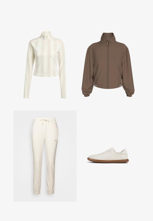 Braune Jacke mit Reißverschluss, hohem Kragen, elastischen Bündchen und Calvin Klein-Logo am Reißverschlussziehgriff sowie an beiden Seiten am Saum.; Weißes langärmliges Zip-Up-Oberteil mit hohem Kragen, das dezente vertikale Streifen und Logo-Akzente auf der Brust und dem Ärmeln aufweist. Weiche Stoffstruktur.; Cremfarbene Jogginghosen aus weichem Stoff, mit einem elastischen Bund und Kordelzug sowie gerippten Bündchen an den Knöcheln.; Hellbraune Sneaker aus weichem Stoff mit glatter Textur. Abgerundete Zehenpartie, sechs Ösen und eine flexible braune Gummisohle.