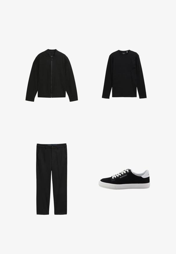 Chaqueta bomber negra con cuello redondo, cremallera completa frontal y mangas largas; fabricada con tela lisa y diseño minimalista.; Camiseta negra de manga larga hecha de tejido acanalado, con cuello redondo y corte relajado, sin patrones ni adornos adicionales.; Pantalones negros de corte recto, hechos de una tela texturizada. Presenta dos bolsillos frontales y un cierre de botón en la cintura.; Zapatilla de ante negro con suela de goma blanca, punta redondeada, diseño con cordones y lengüeta blanca en el talón a contraste. Presenta un logotipo en el lateral.
