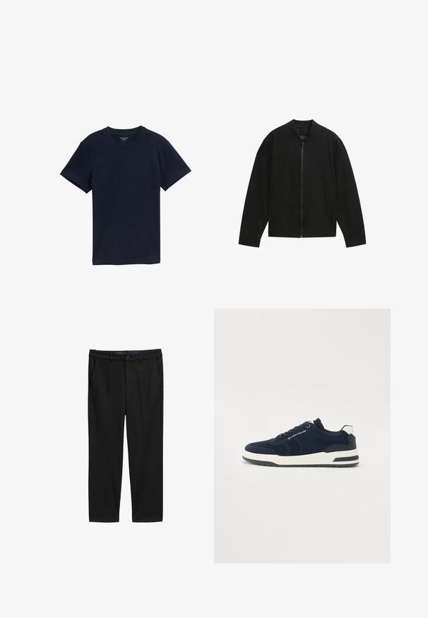 Sort bomberjakke med rund krave, lynlås hele vejen foran og lange ærmer; lavet af glat stof med minimalistisk design.; Marineblå bomulds-T-shirt, kortærmet, rund hals, glat tekstur, enkelt design, uden mønstre eller accenter, lige kant.; Sorte bukser med lige snit, lavet af tekstureret stof. Har to forlommer og en knaplukning i taljen.; Mørkeblå strik-sneakers med hvide og marineblå detaljer, rund tå, polstret sål og snørebåndslukning. Teksturerede sidepaneler synlige.