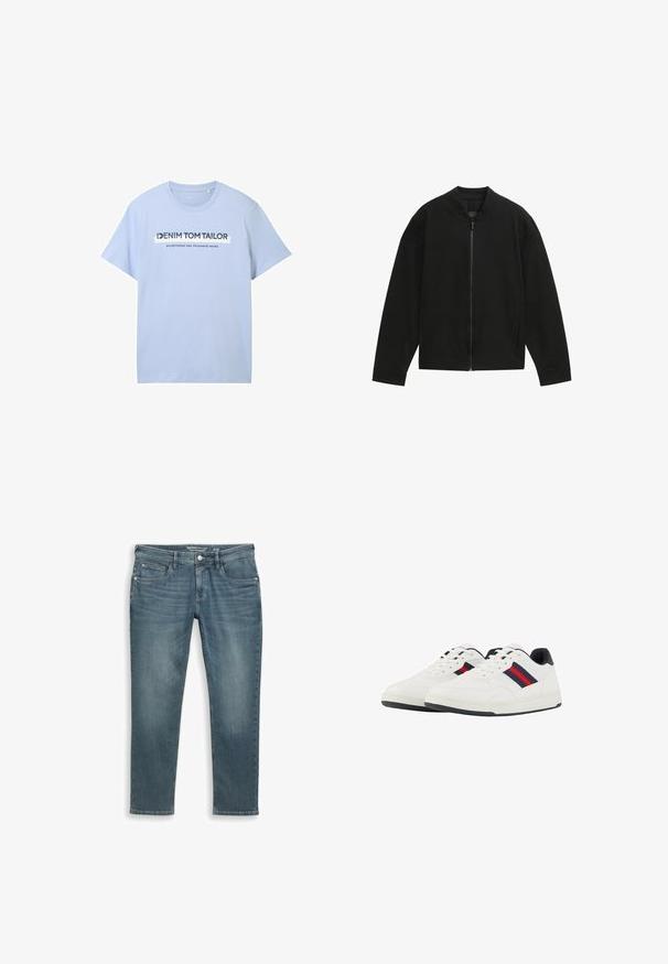 Sort bomberjakke med rund krave, lynlås hele vejen foran og lange ærmer; lavet af glat stof med minimalistisk design.; Lysblå bomulds t-shirt med korte ærmer og rund hals. Frontgrafik inkluderer "DENIM TOM TAILOR" og "etableret to tusinde og syv."; Lysblå denimjeans med lige pasform. Har fem lommer, knaplukning, bæltestropper og let forvitring for tekstur.; TOM TAILOR Sneakers - white navy