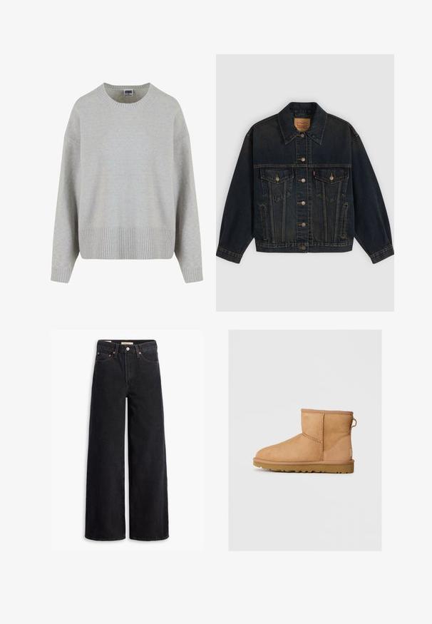 Veste en denim bleu foncé avec boutons, deux poches poitrine à boutons, poches latérales et col, posée à plat sur un fond clair.; Pull en maille gris clair avec un col rond, des épaules tombantes et un ourlet côtelé. Texture douce et coupe décontractée.; Jean noir à jambe large en denim, comportant cinq poches, des rivets en laiton et une fermeture à bouton classique. Texture lisse avec un design épuré.; Bottines en suède beige avec bout rond, détails cousus, tirant à l'arrière et semelle en caoutchouc texturé. Conçues pour le confort et la chaleur.