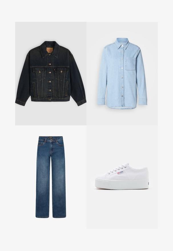 Veste en denim bleu foncé avec boutons, deux poches poitrine à boutons, poches latérales et col, posée à plat sur un fond clair.; Chemise en denim bleu clair avec un devant à boutons, un col pointu, une poche poitrine unique et des manches longues avec des poignets à boutons.; Jean en denim à jambes larges, de couleur bleu moyen. Comprend cinq poches, fermeture par bouton et fermeture éclair, et coutures doubles. Tissu durable.; Baskets en toile blanches avec une épaisse semelle plateforme blanche, bout rond et œillets en métal pour les lacets. Logo de la marque affiché sur le côté.