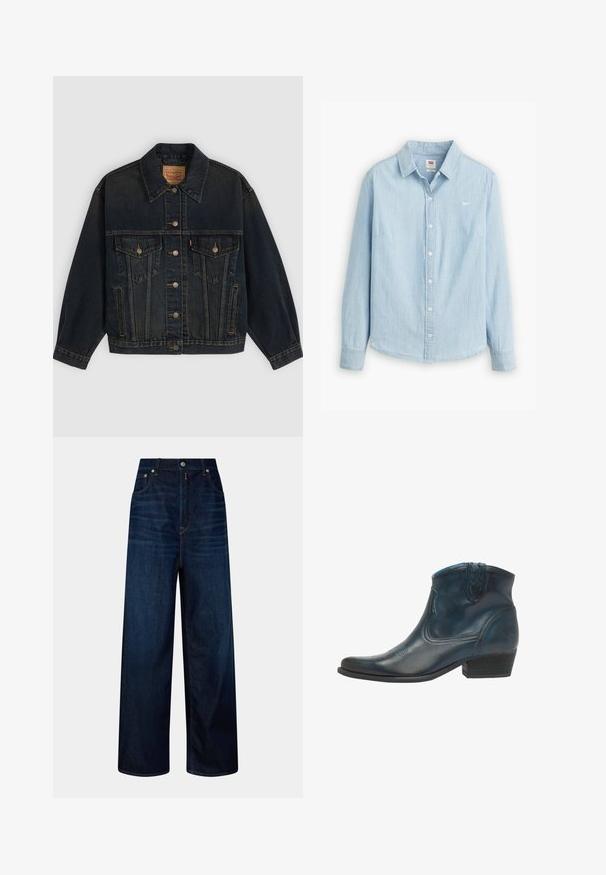 Donkerblauwe spijkerjas met knopen, twee borstzakken met knopen, zijzakken en een kraag, plat neergelegd op een lichte achtergrond.; Lichtblauwe overhemdbloes gemaakt van zacht denimstof. Heeft een klassieke kraag en lange mouwen, met een klein logo op de borst.; Hoge taille donkerblauwe wijdvallende jeans met voorzakken, knoop- en ritssluiting, weergegeven tegen een effen achtergrond.; Cowboyenklaar met een donkerblauwe leren uitvoerig, met een puntige neus, gebogen accenten en een lage gestapelde hak met subtiele stiksels.