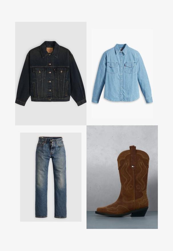 Mørkeblå denimjakke med knapper, to brystlommer med knapper, sidelommer og en krave, lagt fladt på en lys baggrund.; Lyseblå denimskjorte med lange ærmer, spidse krave, to brystlommer, knaplukning og subtil tekstur. Ingen synlige mønstre.; Blå denimjeans med lige ben, der har synlige sømme, en lynlås, og fem lommer. Udsatte områder tilføjer tekstur.; Brun ruskind cowboystøvle med dekorativ syning og et flagemblem på skaftet, stående på et trægulv udendørs.