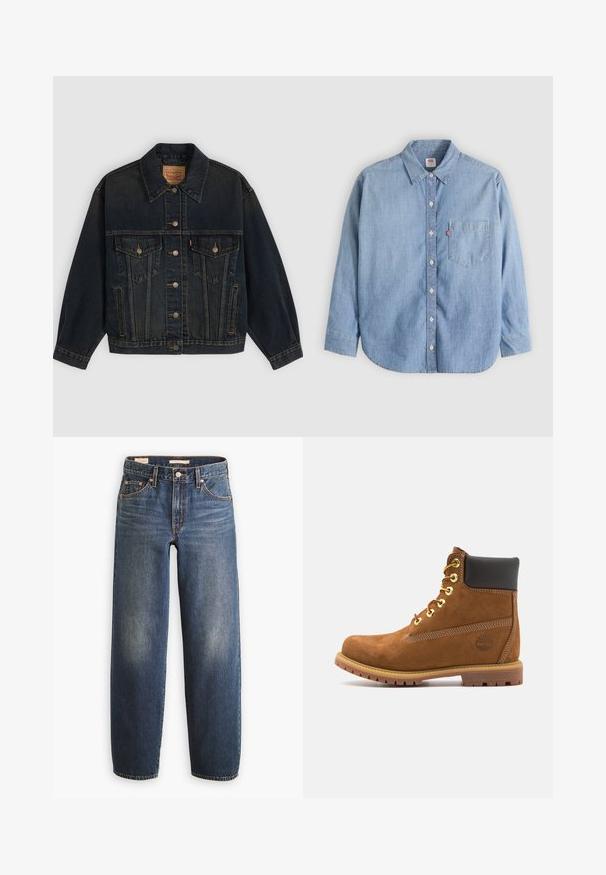 Dunkelblaue Jeansjacke mit Knöpfen, zwei Brusttaschen mit Knöpfen, Seitentaschen und einem Kragen, flach auf einem hellen Hintergrund liegend.; Hellblaues Jeanshemd mit Knopfleiste am Kragen, Brusttasche und langen Ärmeln. Verfügt über einen abgerundeten Saum und eine subtile Textur.; Dunkelblaue Jeans aus Denim mit geradem Bein, ausgestattet mit fünf Taschen, Kupfernieten und dezenten Verwaschungen an den Oberschenkeln.; Braune Wildleder-Stiefelette mit schwarzem gepolstertem Kragen, goldenen Ösen, Schnürung an der Vorderseite und Gummisohle mit strukturiertem Muster.