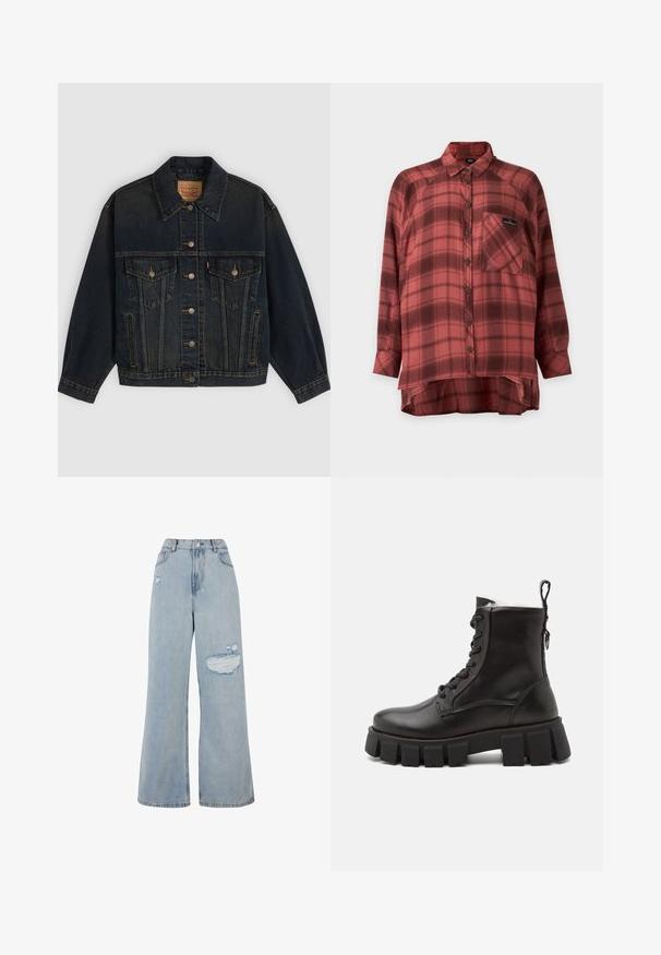 Dunkelblaue Jeansjacke mit Knöpfen, zwei Brusttaschen mit Knöpfen, Seitentaschen und einem Kragen, flach auf einem hellen Hintergrund liegend.; Rot und dunkelrot kariertes Langarmhemd mit Kragen und Brusttasche, hinten etwas länger geschnitten.; Hellblaue Denim-Jeans im Schlagdesign mit hoher Taille, ausgefransten Stellen und einem rohen Saum. Weicher Stoff mit lockerer Passform.; Schwarze Leder-Ankle-Boots mit einer robusten Gummisohle, runder Zehenpartie, Schnürung vorne und einer Zuglasche an der Rückseite für einfaches Anziehen.