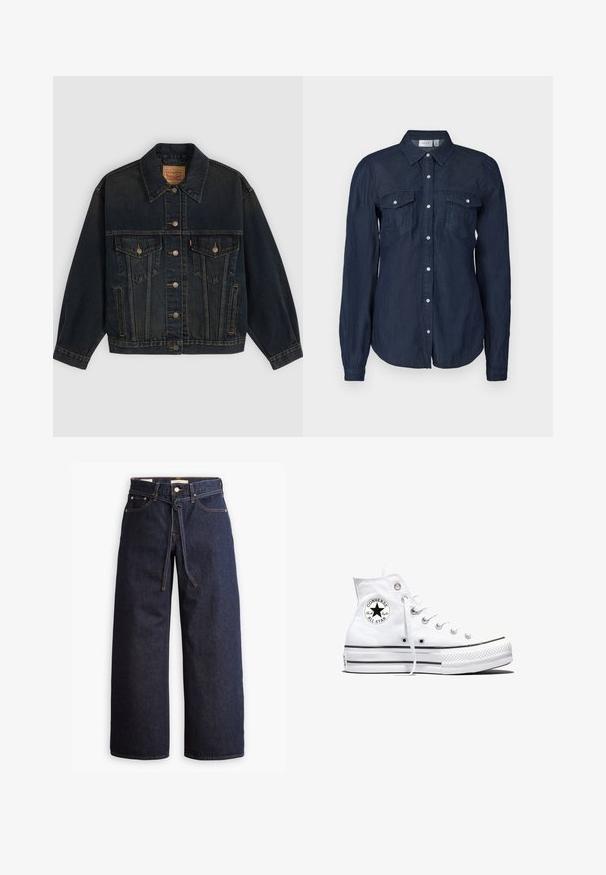 Mørkeblå denimjakke med knapper, to brystlommer med knapper, sidelommer og en krave, lagt fladt på en lys baggrund.; Marineblå knap-up skjorte i let materiale, med to forlommer, lange ærmer og en klassisk krave med buet kant.; Bredde ben mørkeblå denim jeans med høj talje, der har snoretræk, fem lommer og kontrastsyet detaljer.; Hvid højtop Converse Chuck Taylor All Star-sneaker med sort logo-patch og hvide snørebånd, vist på hvid baggrund.
