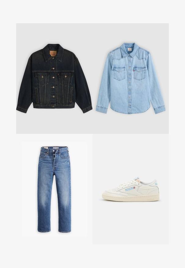 Donkerblauwe spijkerjas met knopen, twee borstzakken met knopen, zijzakken en een kraag, plat neergelegd op een lichte achtergrond.; Lichtblauw denim overhemd met lange mouwen, knoopsluiting, twee borstzakken met kleppen en een klassieke puntige kraag op een grijze achtergrond.; Blauwe denim jeans met een hoge taille, rechte pijpen en vervaagde delen. Voorzien van voorzakken en metalen details.; Reebok sneakers in off-white leer met lichtblauwe accenten. Beschikt over een geperforeerde neus, platte veters en een getextureerde rubberen zool.