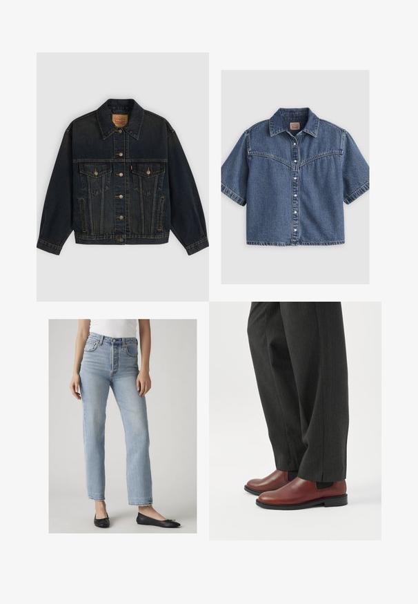 Donkerblauwe spijkerjas met knopen, twee borstzakken met knopen, zijzakken en een kraag, plat neergelegd op een lichte achtergrond.; Kortemouws blauw denim overhemd met knopen, een puntige kraag en een Western-stijl inzetstuk met stikseldetail.; Vrouw draagt lichtblauwe high-waist jeans met rechte pijpen en zwarte ballerina's, staand tegen een effen lichte achtergrond.; Persoon draagt donkergrijze broek met rechte pijpen en bruine leren instapschoenen, staand op een witte vloer.