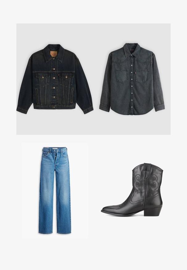 Donkerblauwe spijkerjas met knopen, twee borstzakken met knopen, zijzakken en een kraag, plat neergelegd op een lichte achtergrond.; Donkergrijs denim overhemd met lange mouwen, knoopsluiting aan de voorkant, twee borstzakken, puntige kraag en een Western-stijl inzetstuk met stiksel.; Blauwe spijkerbroek met een hoge taille, wijde pijpen en vijf-pocketstijl. Voorzien van een knopenfly en een vervaagde afwerking.; Zwarte leren cowboylaars met een spitse neus, decoratieve stiksels op de schacht en een gestapelde hak. Glad van structuur en geen zichtbare metallic onderdelen.