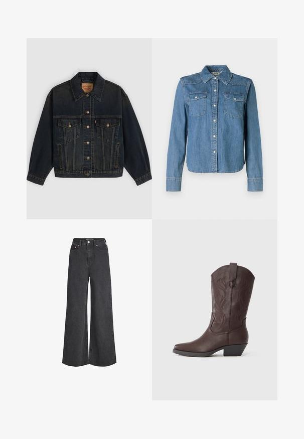 Mørkeblå denimjakke med knapper, to brystlommer med knapper, sidelommer og en krave, lagt fladt på en lys baggrund.; Denimskjorte med en lys blå nuance, klassisk krave og to brystlommer. Den har trykknapper og lange ærmer med knapmanchetter.; Sorte jeans med høj talje og vide ben, lukkes foran med knap og lynlås, forlommer og frynset kant.; Brun lædercowboystøvle med spids snude, dekorative syninger på skaftet og en lav, stablet hæl. Glat tekstur og buet design.