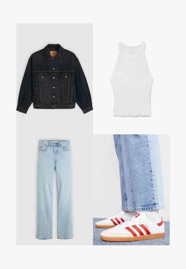 Chaqueta vaquera azul oscuro con botones, dos bolsillos en el pecho con botones, bolsillos laterales y cuello, colocada plana sobre un fondo claro.; Camiseta de tirantes blanca con canalé, cuello alto y silueta ajustada, colocada plana sobre un fondo blanco.; Jeans de denim azul claro con corte recto, que cuentan con cinco bolsillos, un cierre de cremallera clásico y costuras visibles.; Zapatillas de cuero blancas con rayas y detalles rojos. Cuentan con una suela de goma texturizada y un collar acolchado. Llevadas con denim azul claro.