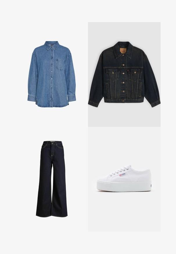 Veste en denim bleu foncé avec boutons, deux poches poitrine à boutons, poches latérales et col, posée à plat sur un fond clair.; Chemise en jean bleu clair avec un deviant boutonné, un col classique, une poche poitrine simple et des manches longues aux extrémités retroussées.; Jean en denim foncé à jambe large et taille haute, avec des coutures jaunes contrastantes et un design épuré et structuré.; Baskets en toile blanches avec une épaisse semelle plateforme blanche, bout rond et œillets en métal pour les lacets. Logo de la marque affiché sur le côté.