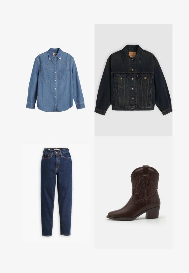 Chaqueta vaquera azul oscuro con botones, dos bolsillos en el pecho con botones, bolsillos laterales y cuello, colocada plana sobre un fondo claro.; Camisa de mezclilla azul clara con mangas largas, cuello puntiagudo, dos bolsillos en el pecho y costuras en contraste. Presenta un diseño de canesú de estilo occidental.; Jeans de mezclilla azul oscuro con cintura alta, diseño de cinco bolsillos y piernas rectas. Costuras en contraste y cierre de botón.; Botas de cowboy de cuero marrón con puntas afiladas, patrones de alas en relieve, un tacón bloque de altura media y una tira en la parte trasera.
