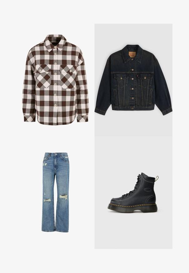 Mørkeblå denimjakke med knapper, to brystlommer med knapper, sidelommer og en krave, lagt fladt på en lys baggrund.; Brun og hvid plaid knap-op skjorte med to brystlommer, der har en klassisk krave og knap-ned foran. Blød stofstruktur.; Lyseblå denim jeans med højtalje, bred benpasform, slidte huller ved knæene og klassisk fem-lomme design.; Sorte læder snørebåndsstøvler med tekstureret finish, polstret ankel, gul syning og en kraftig sål, med et trækhåndtag bagpå.
