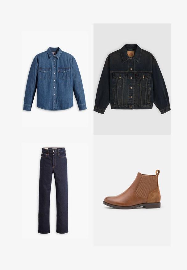 Veste en denim bleu foncé avec boutons, deux poches poitrine à boutons, poches latérales et col, posée à plat sur un fond clair.; Chemise en denim bleu moyen avec un col boutonné, des manches longues, deux poches poitrine et des boutons-pression argentés. Présente des coutures contrastées.; Jean en denim droit bleu foncé avec cinq poches et coutures orange visibles sur un fond blanc.; Bottines brunes avec une finition en cuir lisse, des panneaux latéraux élastiques, un bout rond et un petit talon carré.