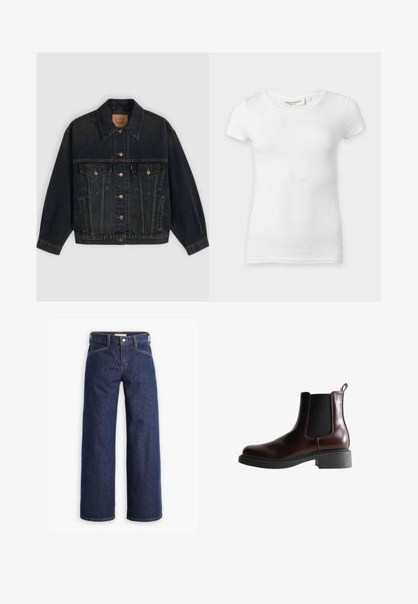Dunkelblaue Jeansjacke mit Knöpfen, zwei Brusttaschen mit Knöpfen, Seitentaschen und einem Kragen, flach auf einem hellen Hintergrund liegend.; Schlichtes weißes kurzärmliges eng anliegendes T-Shirt mit rundem Ausschnitt, auf einer ebenen Fläche präsentiert.; Dunkelblaue Jeans mit hoher Taille, weitem Bein und dezentem orangem Nähgarn. Mit einer Frontknopf- und Reißverschlussöffnung.; Braune Leder-Boots mit elastischen Seitenteilen, runder Spitze und einer strukturierten schwarzen Gummisohle. Verfügt über kontrastierende Nähte und eine Ziehlasche.