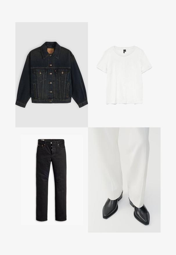 Dunkelblaue Jeansjacke mit Knöpfen, zwei Brusttaschen mit Knöpfen, Seitentaschen und einem Kragen, flach auf einem hellen Hintergrund liegend.; Weißes T-Shirt mit kurzen Ärmeln und rundem Ausschnitt, hergestellt aus leichtem Stoff. Schlichtes Design, glatte Textur und gerader Saum.; Schwarze Denim-Jeans mit geradem Schnitt, Fünf-Taschen-Design und Knopfverschluss. Mit Kupfennieten und Nähtelementen.; Schwarze spitz zulaufende Stiefeletten aus glattem Leder mit flachen Blockabsätzen, kombiniert mit weißen, weiten Hosen. Schlichtes und modernes Design.