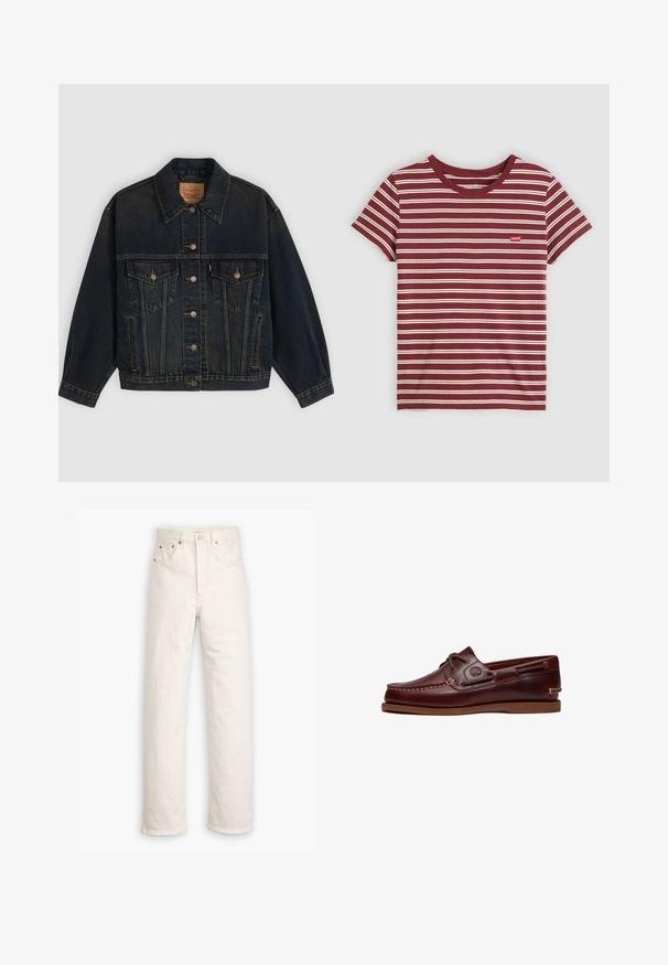 Dunkelblaue Jeansjacke mit Knöpfen, zwei Brusttaschen mit Knöpfen, Seitentaschen und einem Kragen, flach auf einem hellen Hintergrund liegend.; Bordeauxfarbenes T-Shirt mit kurzen Ärmeln, weißen horizontalen Streifen, Rundhalsausschnitt und kleinem roten Logo auf der linken Brust.; Weiße Denim-Jeans mit geradem Bein, im Fünf-Taschen-Stil und mit kupferfarbenen Hardware-Details. Rohschnitt an den Knöcheln.; Brauner Leder-Bootsschuh mit Schnürsenkeln, Nahtdetails und Timberland-Logo an der Seite, auf weißem Hintergrund gezeigt.