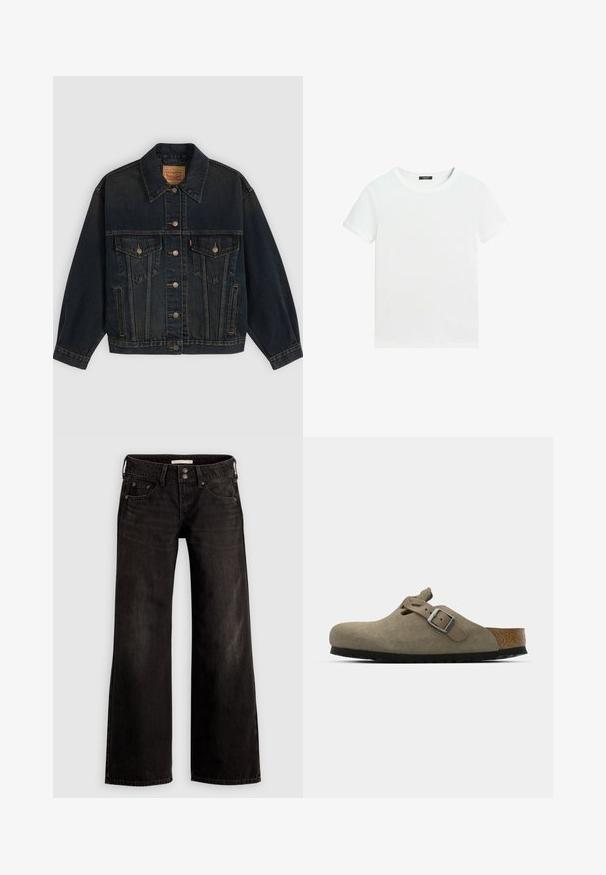 Mørkeblå denimjakke med knapper, to brystlommer med knapper, sidelommer og en krave, lagt fladt på en lys baggrund.; Almindelig hvid T-shirt med korte ærmer, rund halsudskæring og lille sort label inden i kraven.; Sorte bukser med vide ben og en let falmet finish, med forlommer, lynlås foran og knaplukning. Fremstillet af denimstof.; Suede træsko i lys olivengrøn med en formet kork- og gummisål. Har en side rem med en metal spænde og en rund tå.