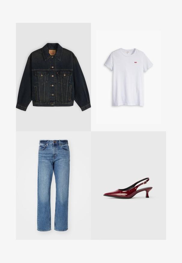 Donkerblauwe spijkerjas met knopen, twee borstzakken met knopen, zijzakken en een kraag, plat neergelegd op een lichte achtergrond.; Witte katoenen t-shirt met korte mouwen en een ronde hals. Bevat een klein rood Levi's-logo op de linkerborst.; Lichtblauwe rechte jeans gemaakt van denim. Bevat vijf zakken, een klassieke knoopsluiting en subtiele fading door de stof.; Bordeaux patent leren slingback hakken met een puntige neus en een slanke stilettostonk. Ontwerp met open achterkant en verstelbare enkelriem.
