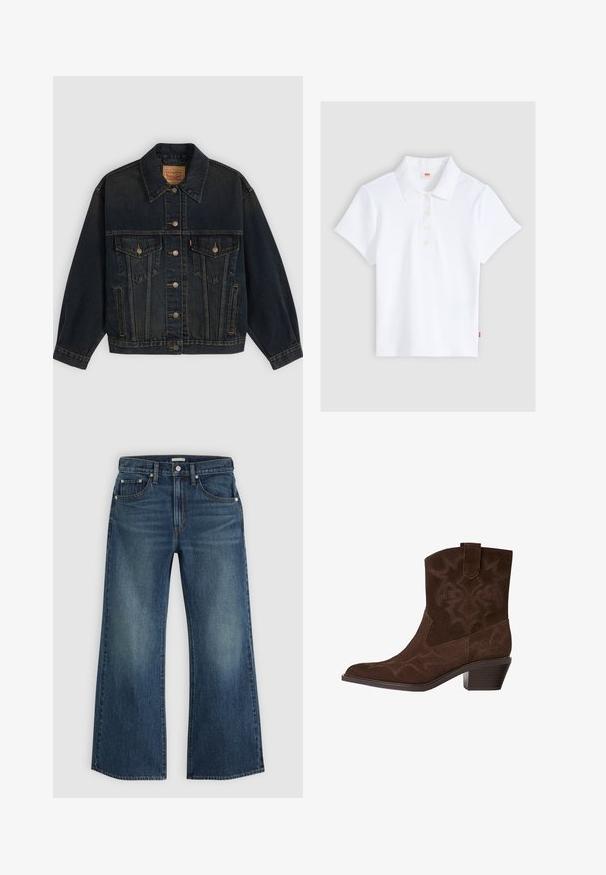 Mørkeblå denimjakke med knapper, to brystlommer med knapper, sidelommer og en krave, lagt fladt på en lys baggrund.; Hvid kortærmet ribbet poloshirt med krave og fire knapper, lagt fladt ud på en lysegrå baggrund.; Blå denimjeans med høj talje, brede, lige ben, forlommer og knaplukning, vist mod en ensfarvet lys baggrund.; Brune ruskinds cowboystøvle med spids tå, dekorative syninger, ankelhøjde og en stablet hæl. Har en pull tab for nem påtagning.