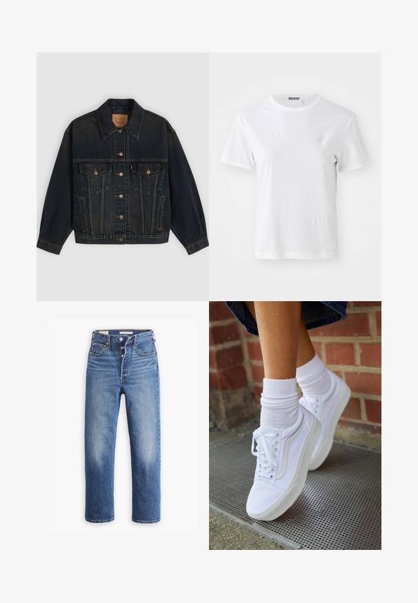Chaqueta vaquera azul oscuro con botones, dos bolsillos en el pecho con botones, bolsillos laterales y cuello, colocada plana sobre un fondo claro.; Camiseta blanca de manga corta hecha de una tela suave. Cuenta con un escote redondo y un corte recto, con una etiqueta en el cuello interior.; Vaqueros de mezclilla azul con cintura alta, diseño de pierna recta y áreas desgastadas. Presentan bolsillos frontales y herrajes de metal.; Zapatillas de lona blancas con suelas de goma, que presentan seis ojales, puntera redonda y detalles de costura ligera, combinadas con calcetines blancos hasta el tobillo.