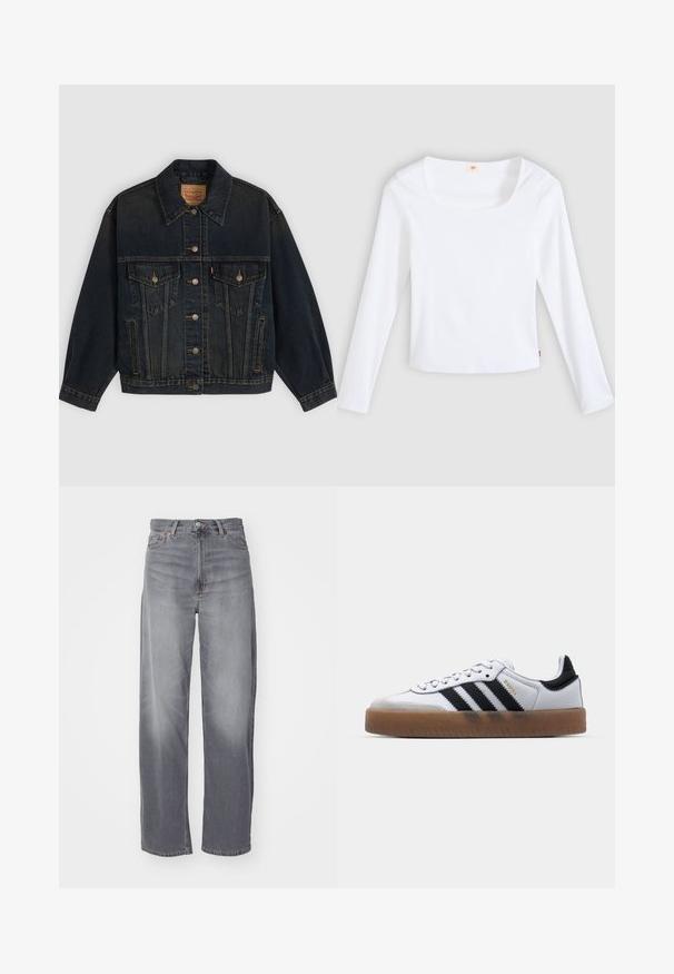 Mørkeblå denimjakke med knapper, to brystlommer med knapper, sidelommer og en krave, lagt fladt på en lys baggrund.; Hvid langærmet t-shirt lavet af ribstrikket stof, med firkantet halsudskæring og tætsiddende design, med en lille logotag i siden.; Weekday RAIL MID LOOSE STRAIGHT - Jeans Straight Leg - misty grey; Hvide lædersneakers med sorte striber, gummirubber sål, rund tå, snørelukning og blød grå ruskinds tåhætte.