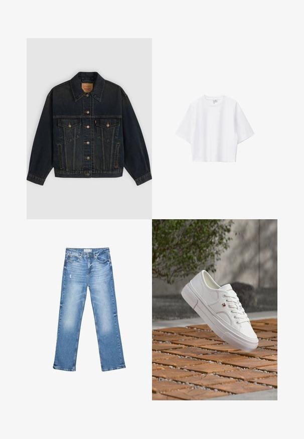 Donkerblauwe spijkerjas met knopen, twee borstzakken met knopen, zijzakken en een kraag, plat neergelegd op een lichte achtergrond.; Witte cropped T-shirt van zacht katoen met een ronde hals, korte mouwen en een comfortabele pasvorm. Eenvoudig en veelzijdig ontwerp.; Lichtblauwe denim jeans, recht model, vervaagde gebieden en subtiele slijtage. Voorzien van vijf zakken en een klassieke knoopsluiting.; Witte leren sneaker met veters en een klein rood, wit en blauw logo, zwevend boven een patroon van hout en kiezelstenen buiten.
