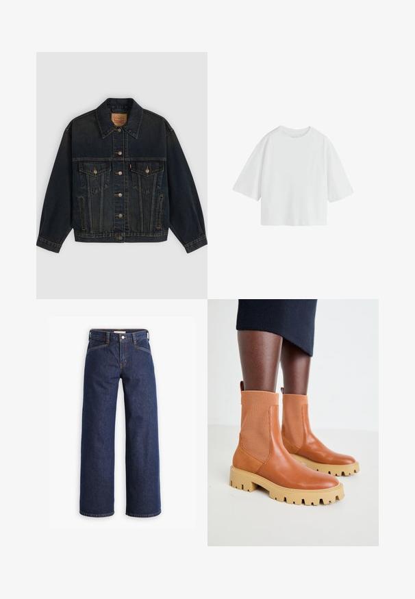 Dunkelblaue Jeansjacke mit Knöpfen, zwei Brusttaschen mit Knöpfen, Seitentaschen und einem Kragen, flach auf einem hellen Hintergrund liegend.; Schlichtes weißes oversized T-Shirt mit kurzen Ärmeln, rundem Ausschnitt und lockerem Schnitt.; Dunkelblaue Jeans mit hoher Taille, weitem Bein und dezentem orangem Nähgarn. Mit einer Frontknopf- und Reißverschlussöffnung.; Braune Leder-Ankle Boots mit gerippten elastischen Einsätzen, robuster beigefarbener Sohle und Zuglasche; zeitgemäßes Design mit strukturiertem Finish.