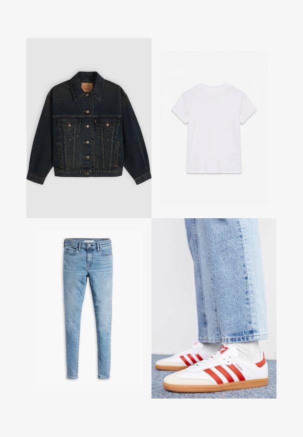 Mørkeblå denimjakke med knapper, to brystlommer med knapper, sidelommer og en krave, lagt fladt på en lys baggrund.; Hvid kortærmet t-shirt i bomuld med rund hals, lagt fladt på en hvid baggrund.; Lyseblå super skinny jeans med frontknap og lynlås, bæltestropper og fem lommers design.; Hvide lædersneakers med røde striber og accenter. Har en tekstureret gummisål og polstret krave. Bæres med lyseblå denim.