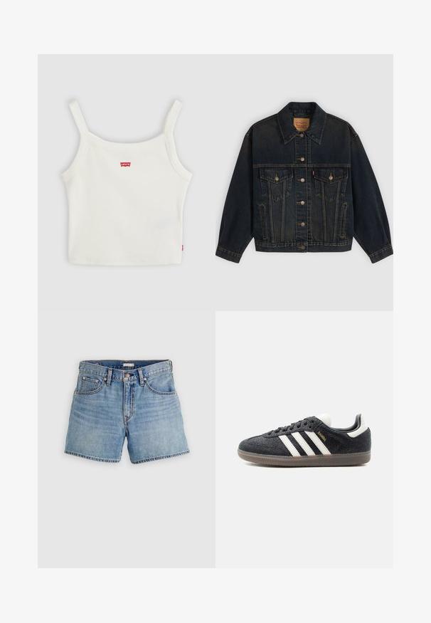 Veste en denim bleu foncé avec boutons, deux poches poitrine à boutons, poches latérales et col, posée à plat sur un fond clair.; Crop top blanc côtelé avec fines bretelles et petit logo Levi's rouge au centre devant et sur la couture latérale.; Shorts en denim bleu clair, taille haute, avec cinq poches, une braguette zippée et un ourlet brut. Coutures classiques et texture légèrement délavée.; Baskets Adidas Samba noires avec des bandes blanches, semelle en gomme et texte doré "Samba" sur le côté, vues de profil gauche sur fond uni.