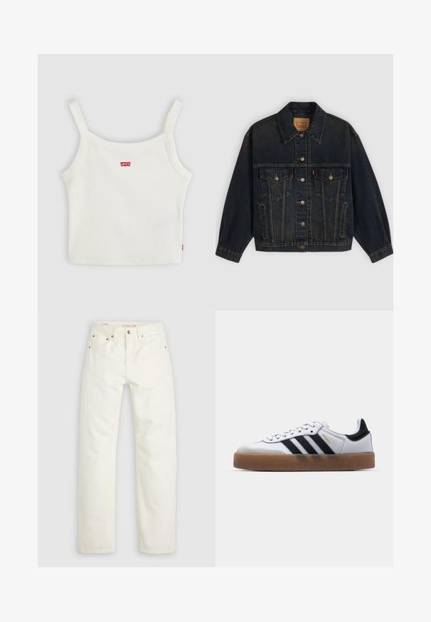 Veste en denim bleu foncé avec boutons, deux poches poitrine à boutons, poches latérales et col, posée à plat sur un fond clair.; Crop top blanc côtelé avec fines bretelles et petit logo Levi's rouge au centre devant et sur la couture latérale.; Jean droit en denim blanc avec fermeture à bouton et fermeture éclair, poches avant et arrière, et accents de rivets en cuivre.; Baskets en cuir blanc avec des rayures noires, semelle extérieure en caoutchouc beige, bout rond, fermeture lacée et embout en suède gris doux.