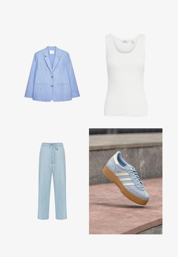 Svetlomodrý blazer z hladkej tkaniny, s vystrihnutým golierom, dvoma prednými vreckami a s dvoma gombíkmi vpredu.; Biely top bez rukávov vyrobený z rebrovanej tkaniny, s výstrihom do lode a rovnou, priliehavou siluetou so zúbkovaným spodným okrajom.; Svetlomodré denimové nohavice s elastickým pásom, rovný strih a minimálne švy. Tkanina vyzerá mäkko a hladko.; Svetlomodrá semišová teniska s bielymi pruhmi a zlatým logom, vybavená gumovou podrážkou a polstrovaným límcom pre pohodlie.