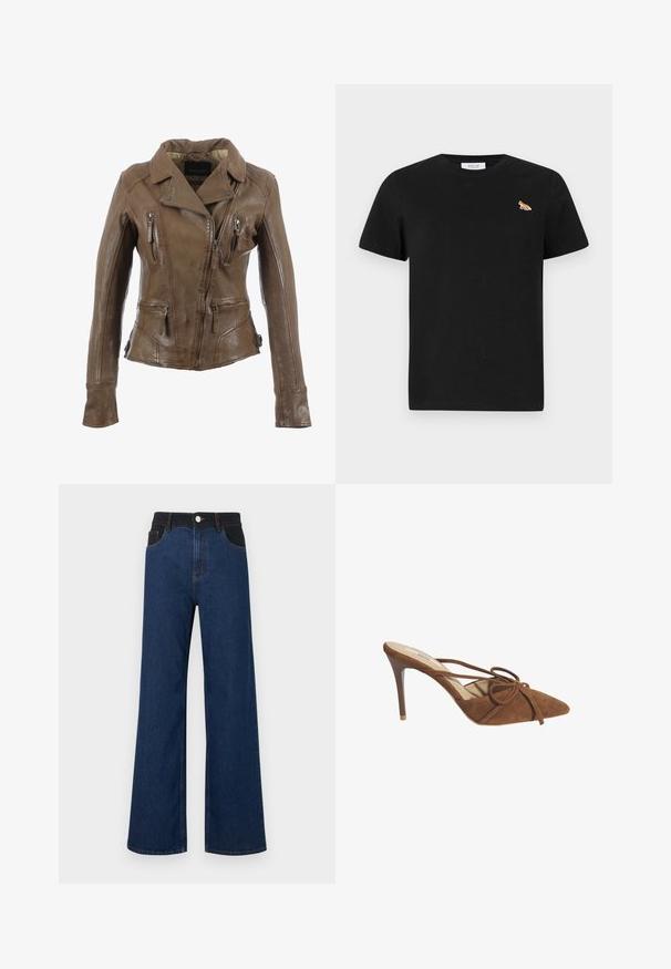 Veste en cuir marron avec un design structuré, comportant des zips, un col en V et une finition texturée. Poches fonctionnelles à l'avant.; T-shirt noir à manches courtes en coton, avec un petit renard orange et blanc brodé sur la zone gauche de la poitrine.; Jean large taille haute en denim foncé et noir avec poches avant, bouton et passants de ceinture sur fond blanc.; Desa Mules à talons - brown