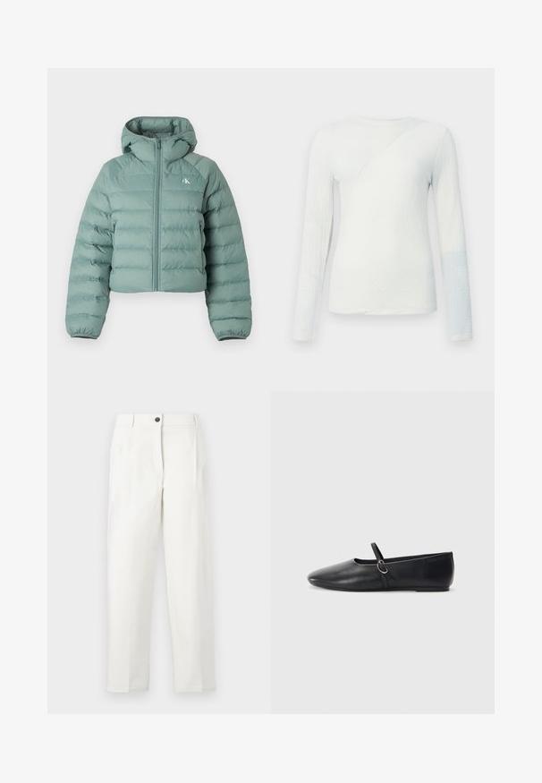Veste matelassée vert clair avec capuche, dotée d'une fermeture éclair à l'avant, de poignets élastiques et d'un logo sur le côté gauche. Design matelassé texturé.; Haut blanc à manches longues en tissu texturé, avec une couture diagonale et un accent bleu clair sur le bas de la manche, encolure ronde.; Pantalon blanc taille haute à coupe ajustée, avec plis, fermeture avant par boutons, et jambes droites. Confectionné en tissu lisse.; Ballerines noires en cuir avec un bout pointu, une semelle plate et une petite sangle avec un détail de boucle en argent.