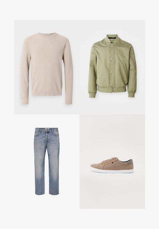 Veste bomber vert clair avec col, poignets et ourlet côtelés, boutons-pression à l'avant, poches latérales et une poche zip sur la manche gauche.; Pull beige à manches longues avec col rond, poignets et ourlet côtelés, présentant un motif en tricot texturé.; Jean en denim bleu, coupe large, finition délavée, cinq poches, braguette à boutons et passants pour ceinture. Style classique avec des détails de couture subtils.; Baskets en toile beige avec un design basse, semelle en caoutchouc blanc et lacets ronds. Présente un accent de talon gris contrastant et un détail de logo.
